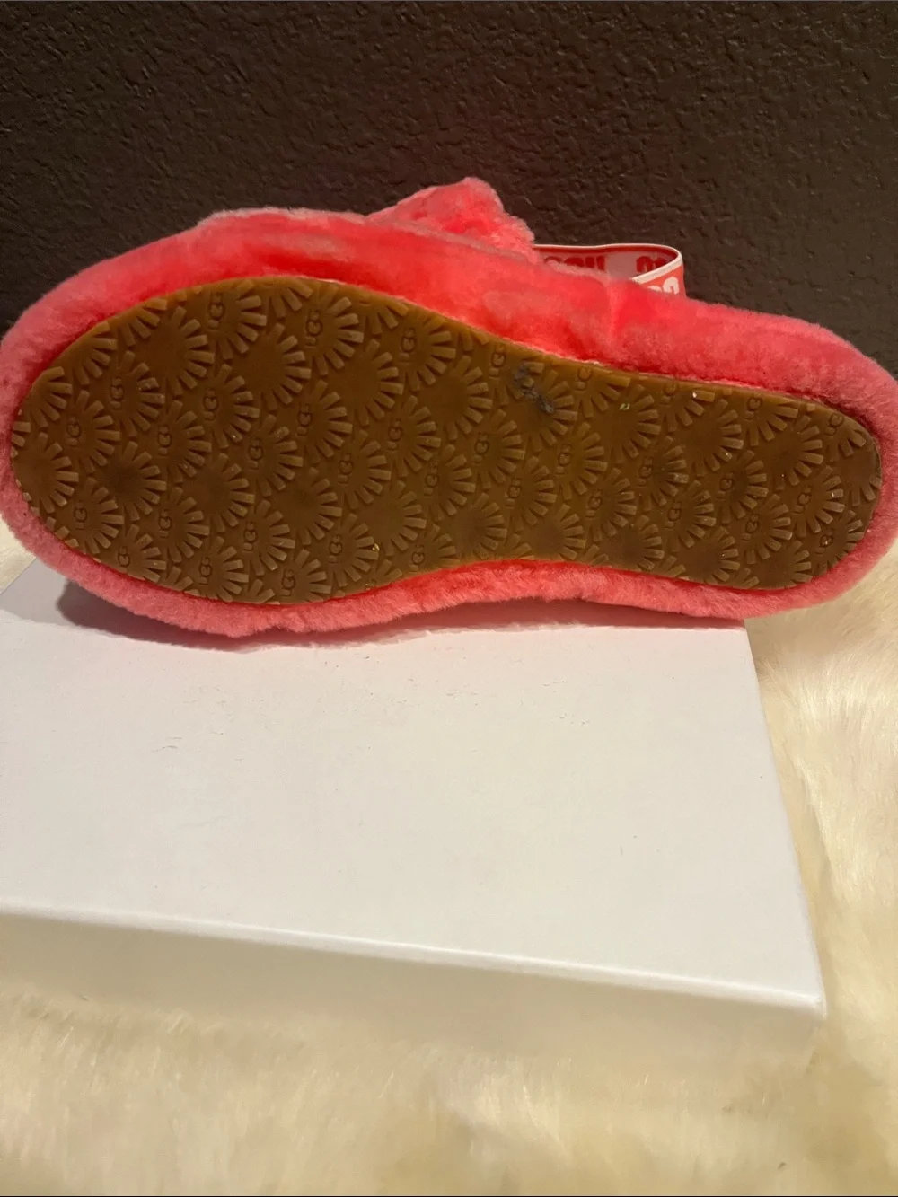 UGG Kids Coral-Pink Fluff Slide Sandals